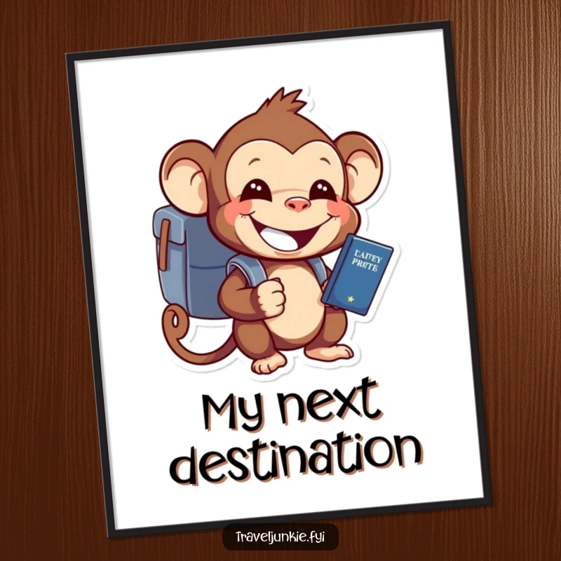 Funny monkey character with backpack and passport, grinning wide, depicted on a colorful travel art poster.