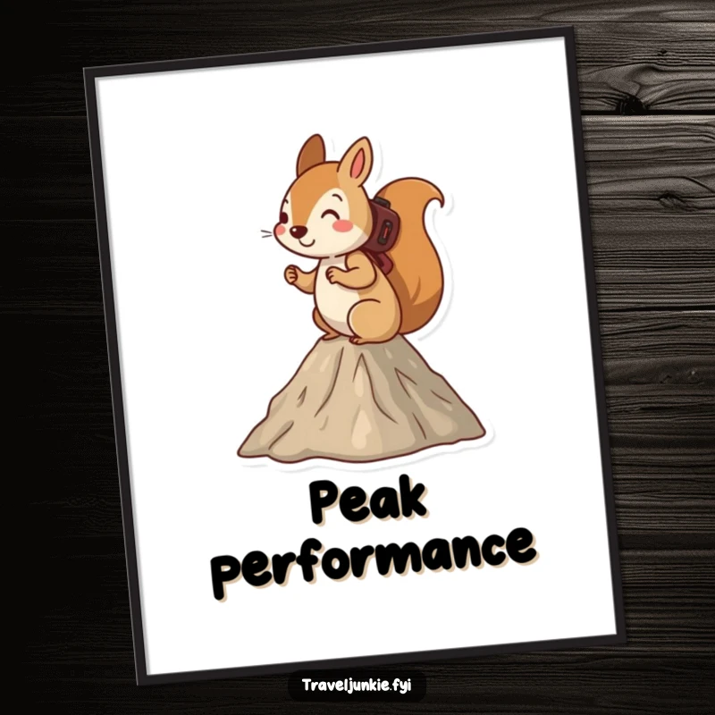 Funny squirrel poster, depicting a determined squirrel hiking up a small mountain, embodying the spirit of outdoor adventure.