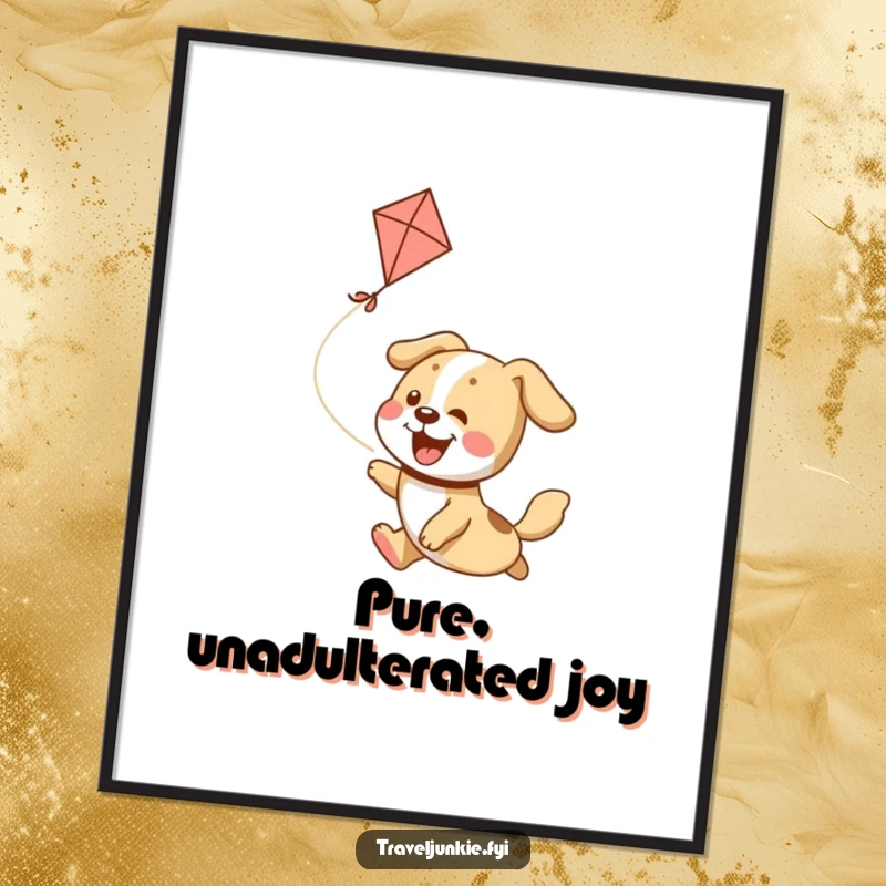 Funny Poster: A charming dog joyfully pursues a kite soaring high in a vibrant, artistic scene.