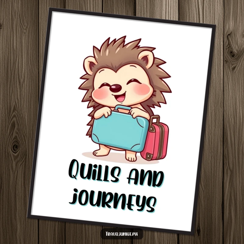 Funny hedgehog poster depicting a cheerful character joyfully posing with a tiny suitcase, inspiring travel and adventure.