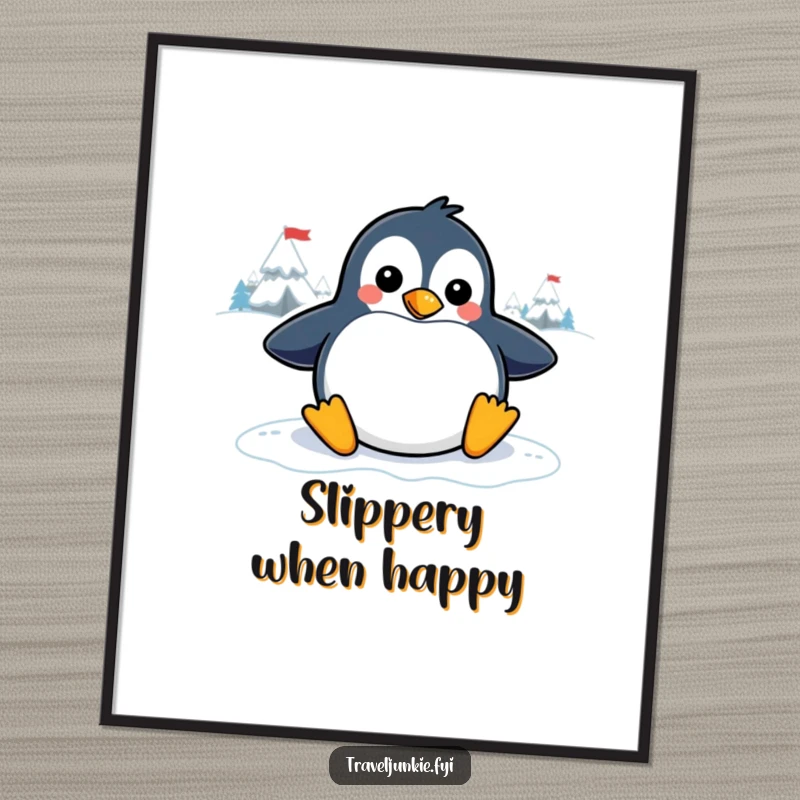 Funny penguin poster showcasing a playful character joyfully sliding on an icy destination graphic, adding humorous winter vibes to decor.