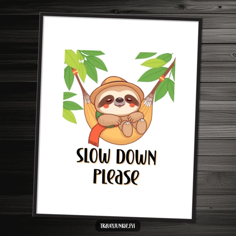 Funny Sloth Traveler Poster: A content sloth relaxing in a hammock, conveying peace and relaxation, perfect for a funny gift.