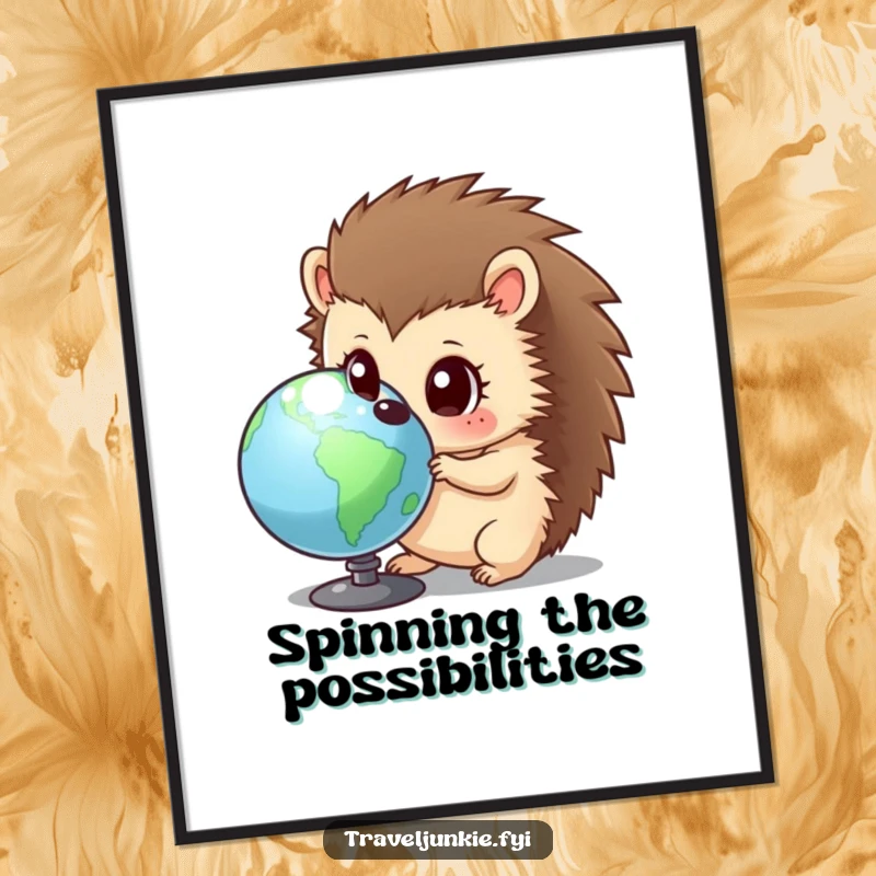 Funny hedgehog poster showing a curious character with wide eyes, intently examining a globe, creating a humorous and educational art piece.