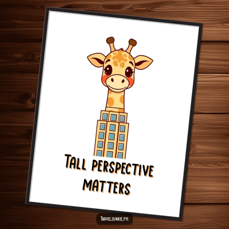 Funny giraffe poster showcasing a cheerful character peering over a stylized skyscraper, adding humorous city vibes to any room.
