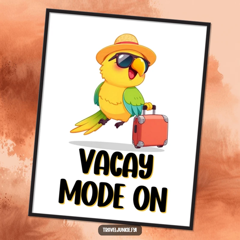 Funny poster: a happy parrot wearing a straw hat and sunglasses zooms with a suitcase, bringing cheerful vacation humor to walls.