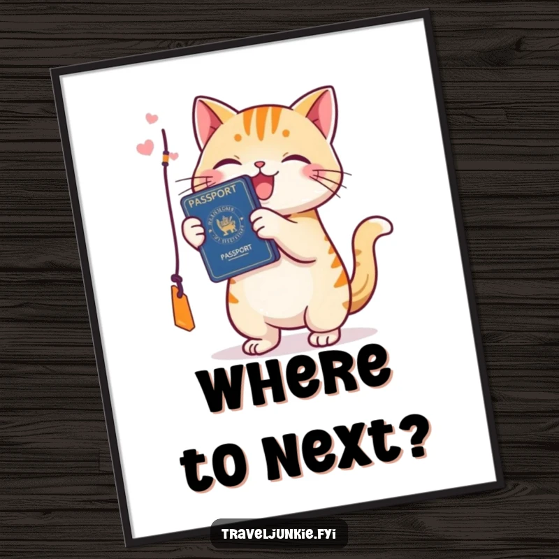 Funny cat poster, showing a happy cat playfully batting at a passport tag, embodying a joyful and adventurous travel spirit.