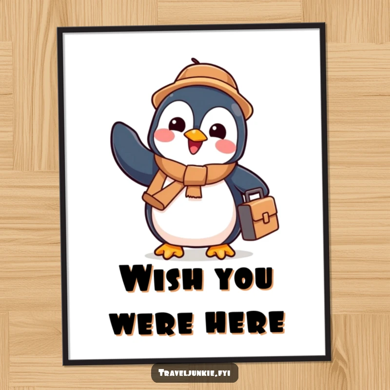 Funny penguin with a tiny suitcase waving goodbye enthusiastically, vibrant wall art, perfect humorous gift.