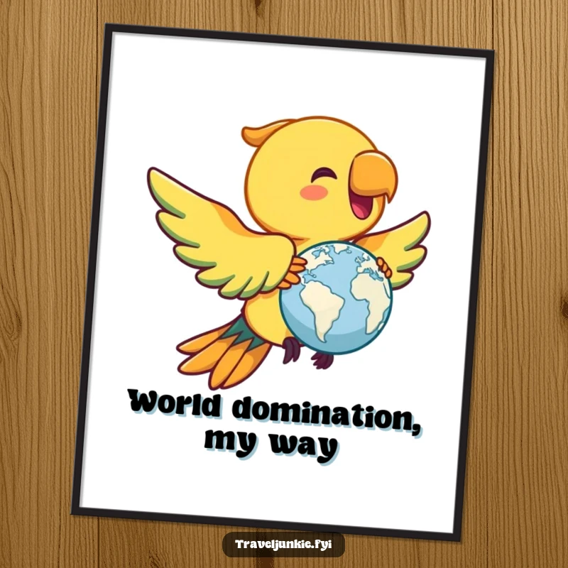 Funny parrot poster, joyful bird flying with a miniature globe, perfect humorous wall art and a funny gift.