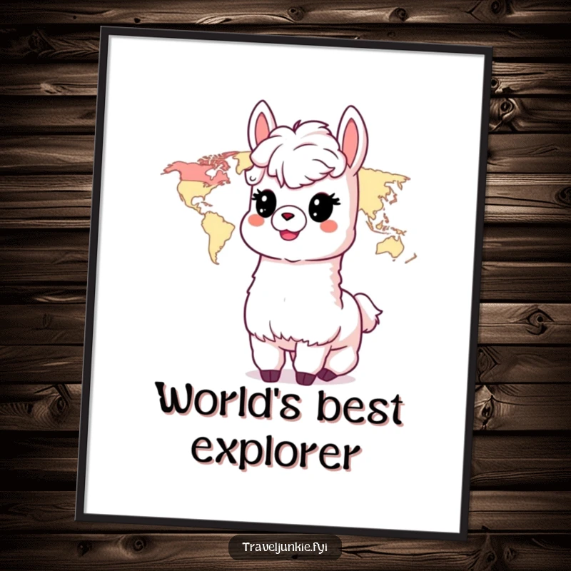 Funny Alpaca Poster: A delighted alpaca character gazes at a world map, embodying a spirit of global curiosity.