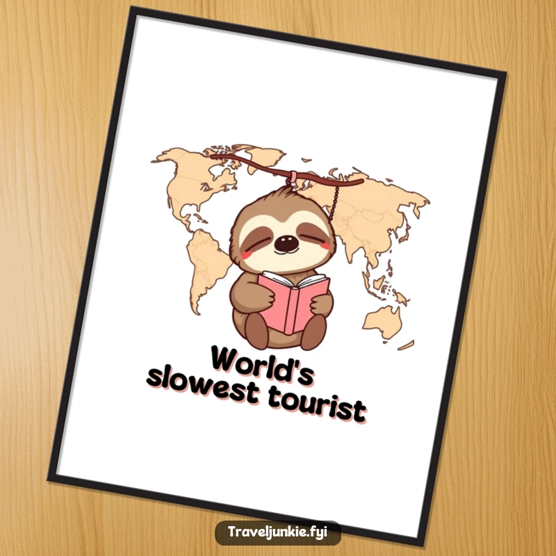 Funny sleepy sloth dangling from a world map, holding a journal, a humorous and artistic poster.