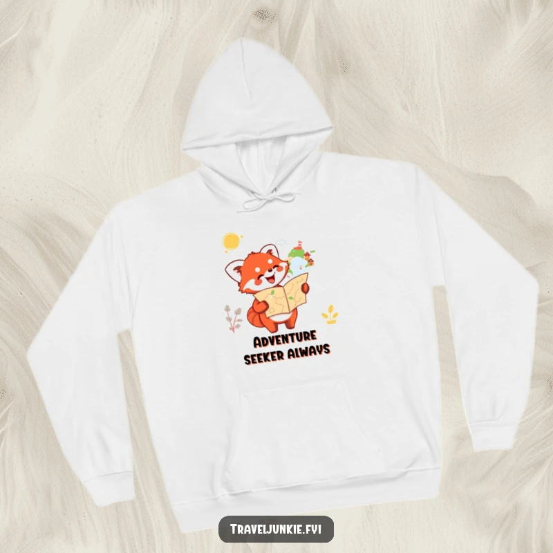Funny Red Panda Hoodie: A happy red panda holds a map and points enthusiastically towards an undefined destination, perfect for warmth.