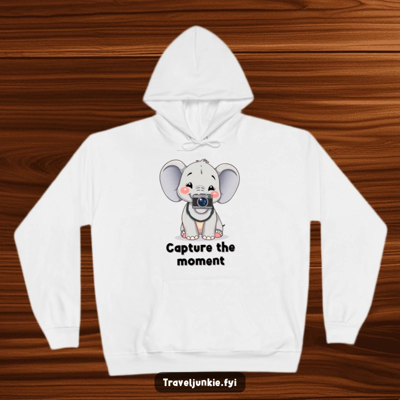 Funny cheerful elephant with a camera, posing for a photo, cozy hoodie, perfect funny gift for photographers.