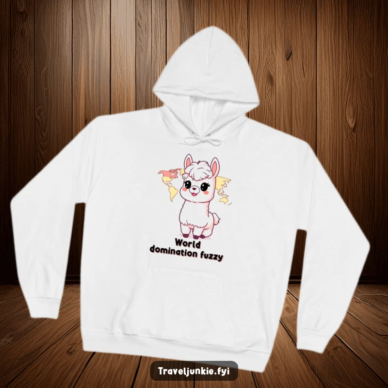 Funny Alpaca Hoodie: A delighted alpaca character looks longingly at a world map, dreaming of faraway lands.