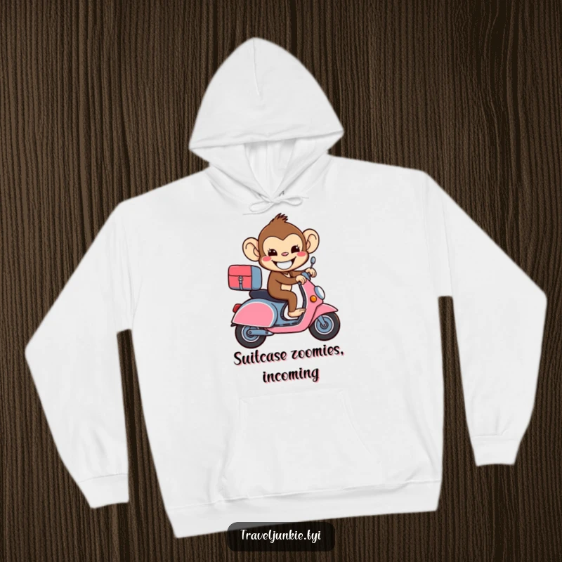 Funny beaming monkey riding a suitcase like a scooter on a cozy hoodie, for travelers.
