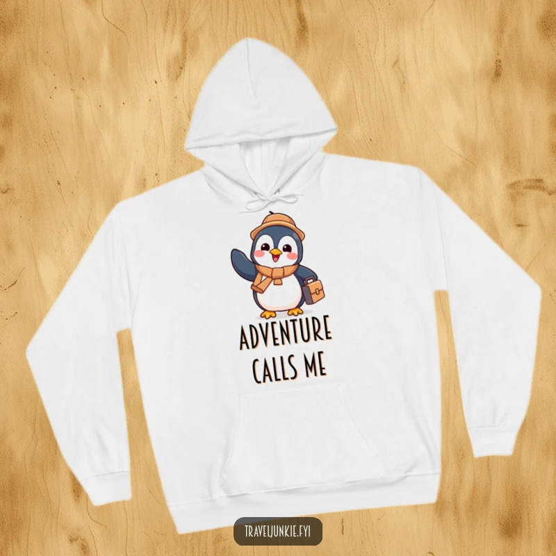 Funny penguin wearing a scarf, waving goodbye with a suitcase, cozy funny hoodie gift for travelers.