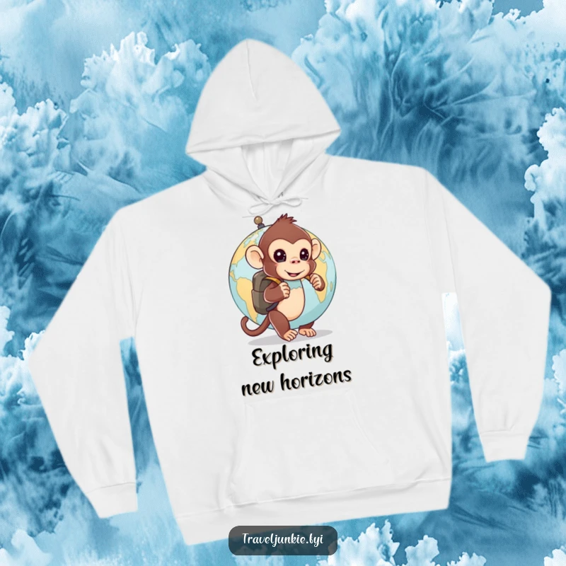 Funny hoodie: a curious monkey with a backpack peeks from behind a globe, offering cozy comfort and worldly humor.