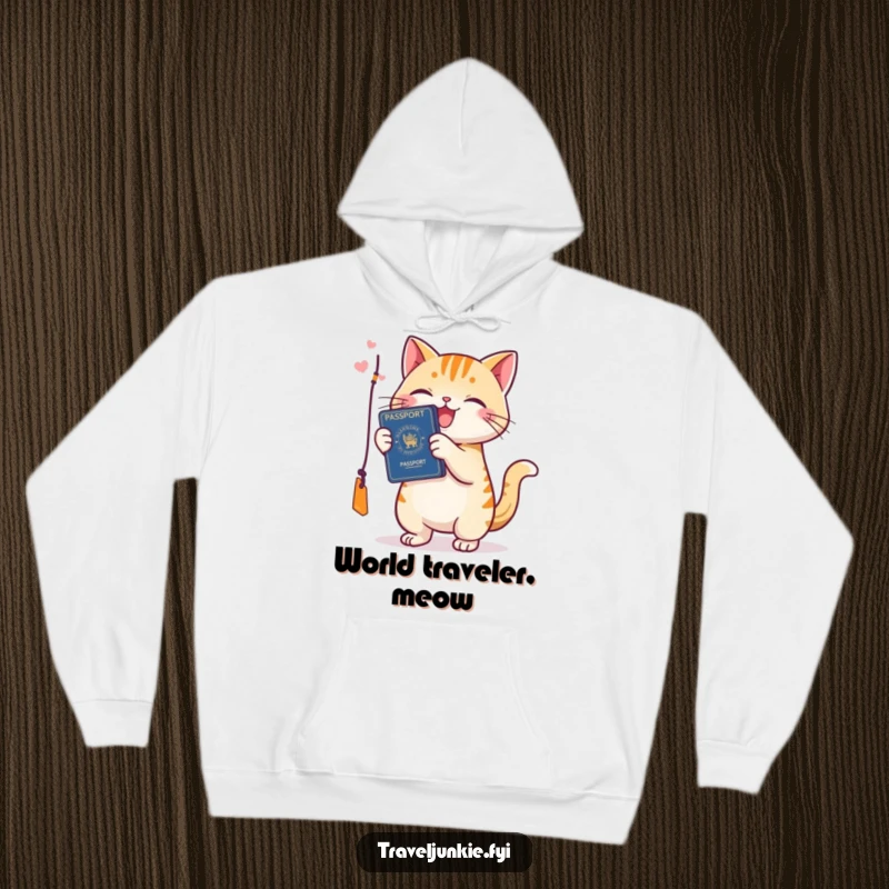 Funny cat hoodie, a happy cat playfully batting a passport tag, designed for cozy travel and adventurous spirits.