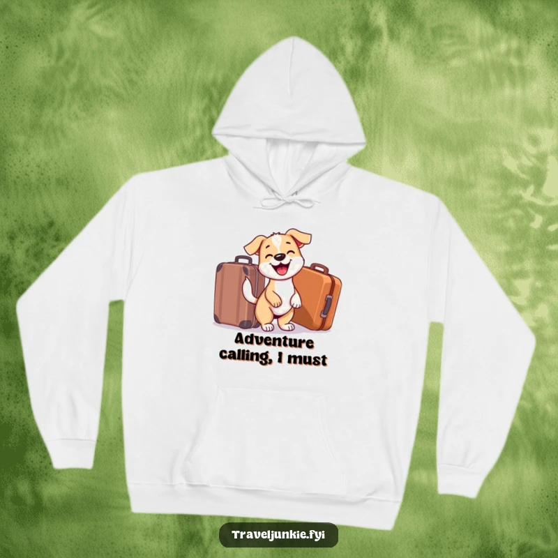 Funny Dog Hoodie: Cheerful dog with suitcase, symbolizing excitement for journeys and the joy of pet ownership, a cozy and funny item.