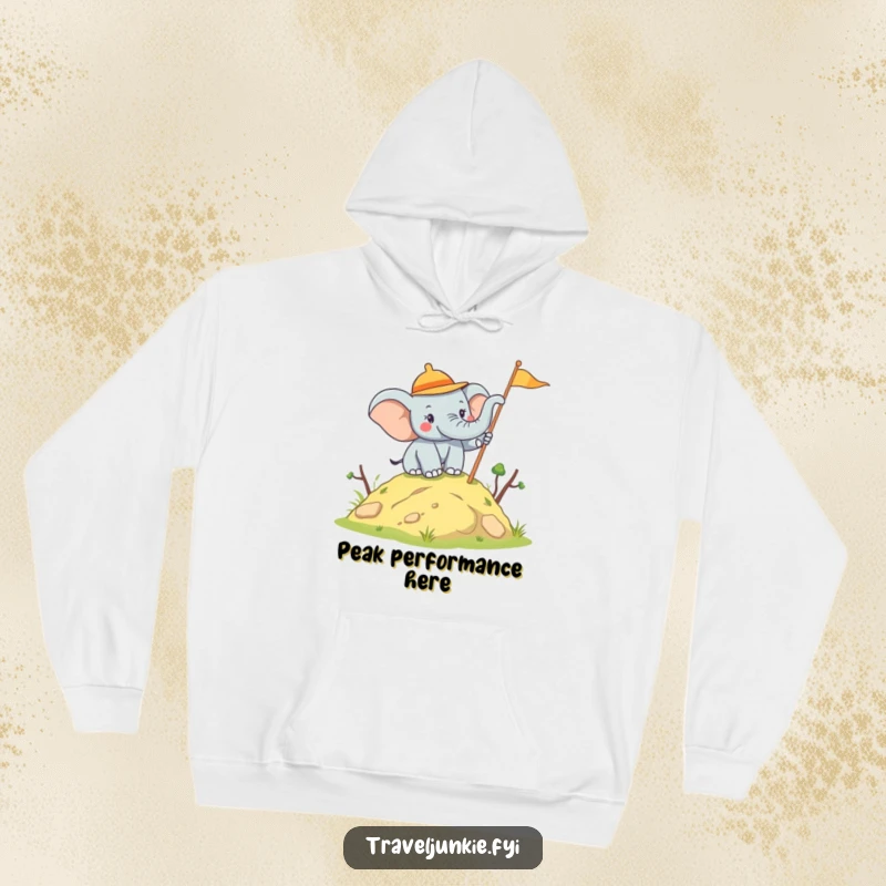 Funny Elephant Explorer Hoodie: A warm hoodie featuring a joyful elephant planting a flag, ideal for a funny gift.