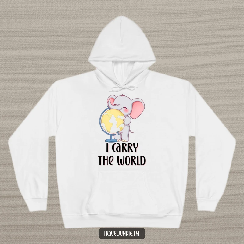 Funny Elephant World Traveler Hoodie: A cheerful elephant standing by a globe, offering comfort and a sense of global adventure.