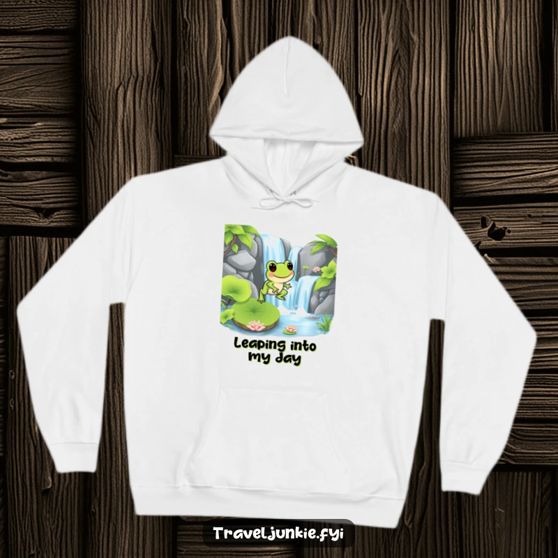 Funny frog character hopping onto a lily pad near a waterfall, depicted as cozy and cheerful, ideal for a funny gift hoodie.