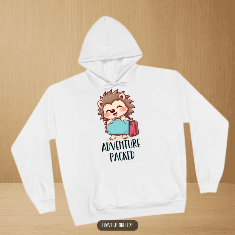 Funny hedgehog hoodie featuring a cheerful character joyfully posing with a tiny suitcase, ideal for cozy travels.