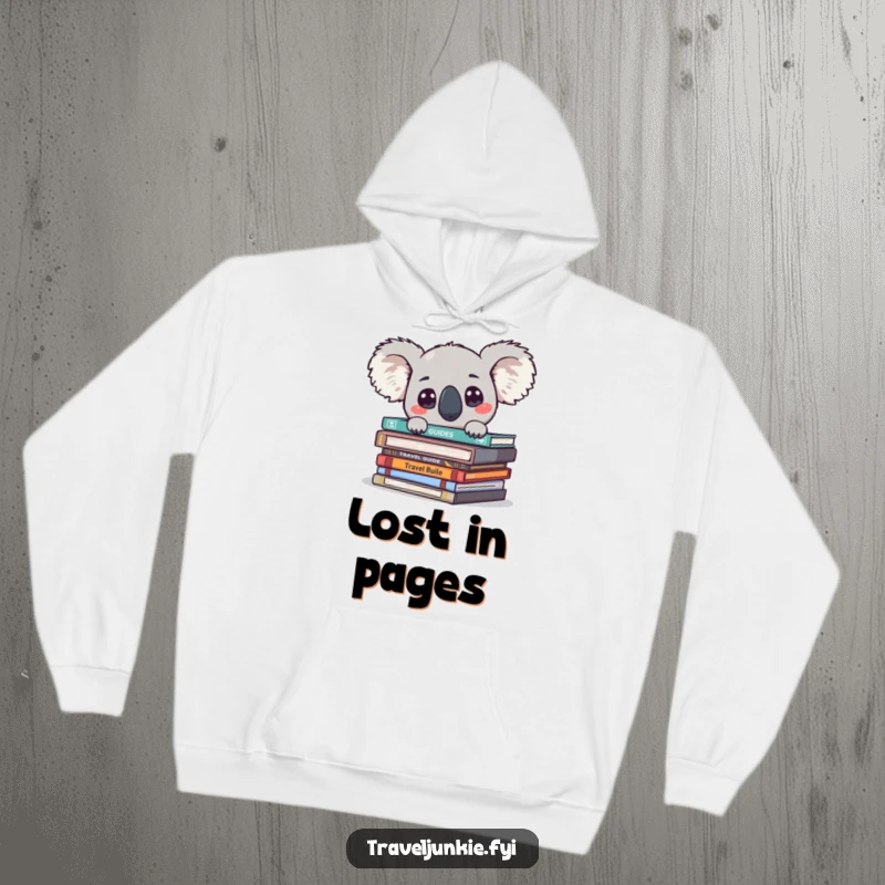 Funny koala with big eyes peeking from travel guides, featured on a warm and comfortable hoodie.