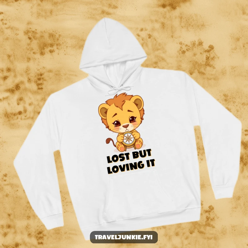 Funny Lion Cub Hoodie: Cub adventurer with compass, a cozy and humorous design for outdoor fun, perfect funny gift.