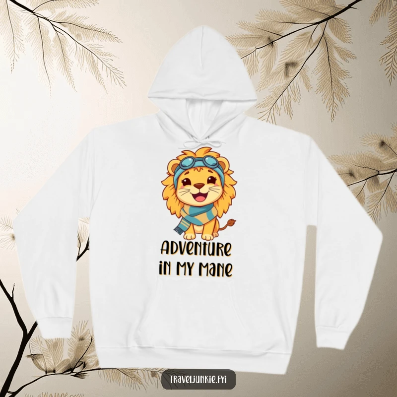 Funny Lion Travel Hoodie: A comfortable hoodie featuring a happy, smiling lion wearing a travel scarf, ready for any journey.