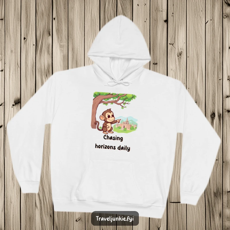 Funny Monkey Hoodie: A curious monkey points towards a faraway landmark, perfect for cozying up on adventures.
