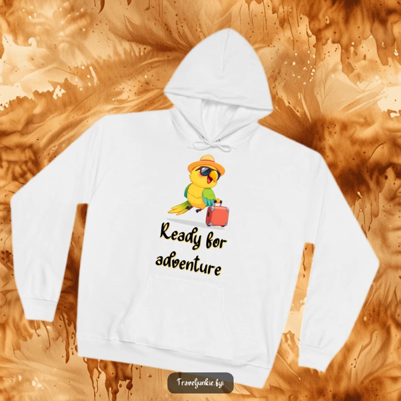 Funny hoodie: a happy parrot wearing a straw hat and sunglasses zooms with a suitcase, providing cozy and humorous travel vibes.