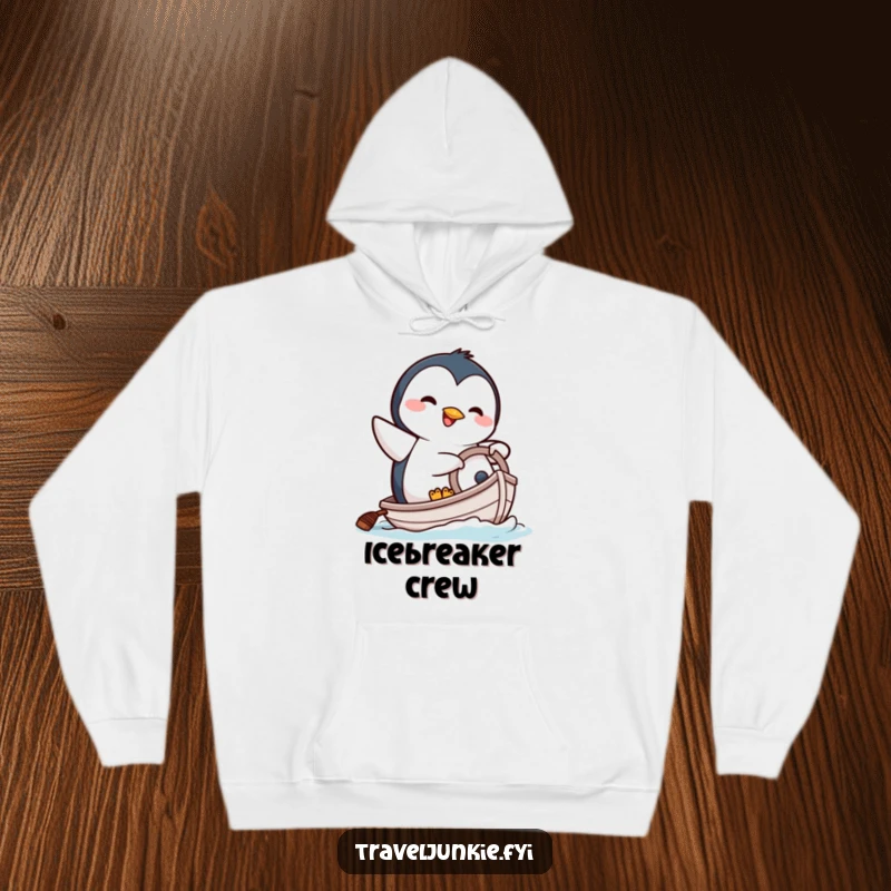 Funny hoodie with a happy penguin character comically attempting to steer a tiny boat, embodying seafaring humor.
