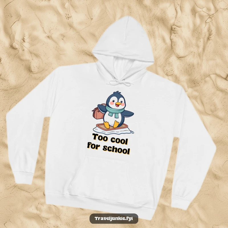 Funny penguin character sliding on ice with a travel bag, depicted as warm and content, ideal for a funny gift hoodie.