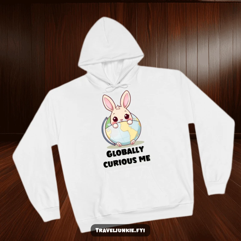 Funny Rabbit Hoodie: A warm hoodie showcasing a curious rabbit peeking out from behind a world globe, perfect for adventurers.