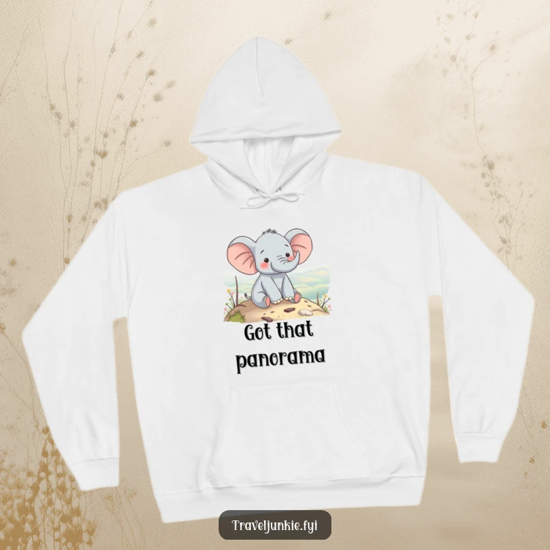 Funny elephant character enjoying a scenic view from a hilltop, depicted as cozy and peaceful, ideal for a funny gift hoodie.