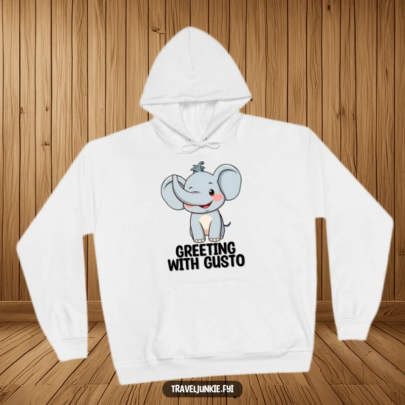 Funny Elephant Hoodie: A cozy hoodie featuring a smiling elephant character with its trunk joyfully raised in a friendly greeting.