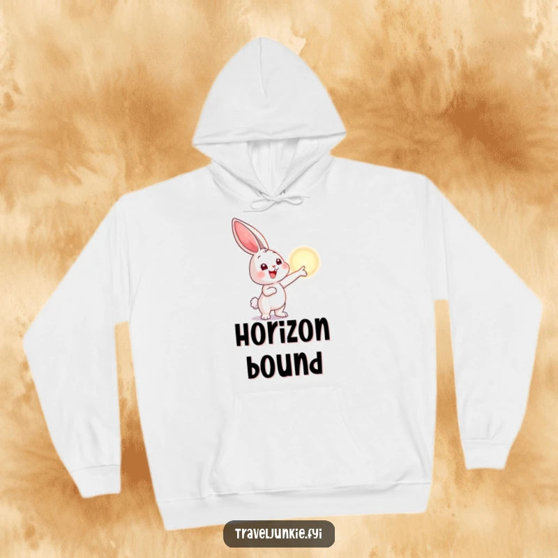Funny hoodie featuring a smiling bunny pointing towards a distant horizon, ideal for cozy wear and embracing inspirational humor.