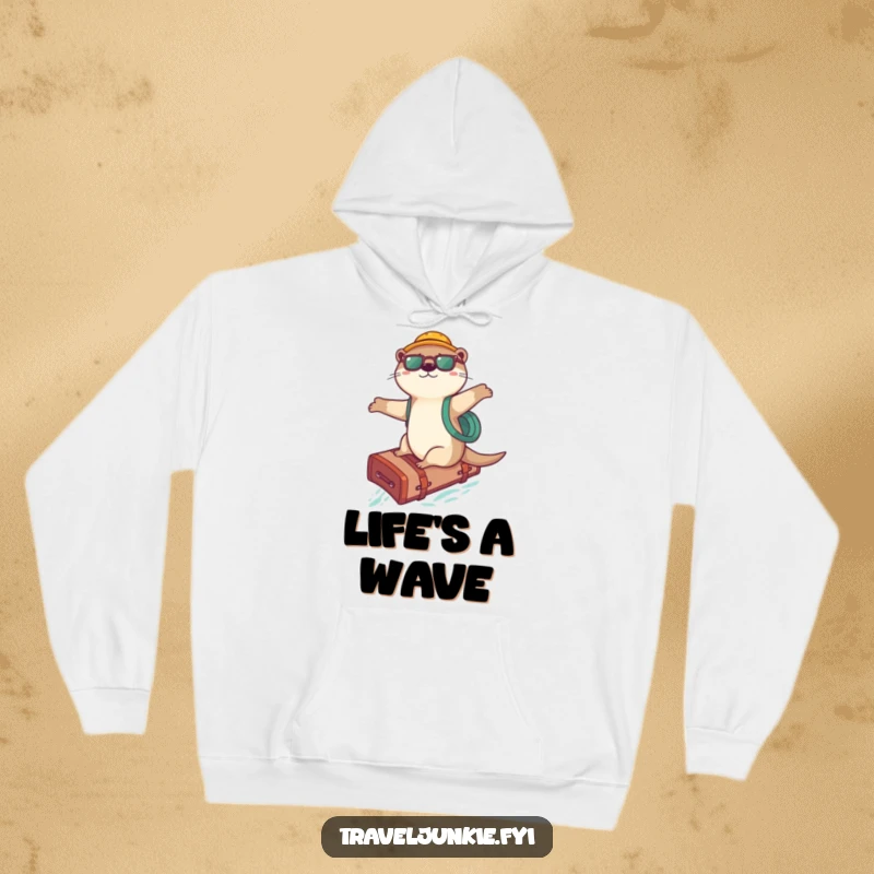 Funny Otter Surfer Hoodie: A warm hoodie featuring a playful otter surfing on a suitcase, ideal for a funny gift.