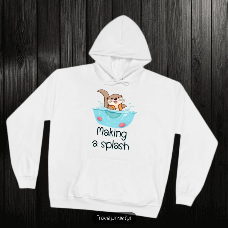 Funny otter wearing a life vest, comically diving into a tiny ocean, a warm and humorous hoodie for water lovers.