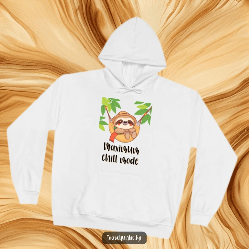 Funny Sloth Traveler Hoodie: A warm hoodie featuring a content sloth relaxing in a hammock, ideal for a funny gift.
