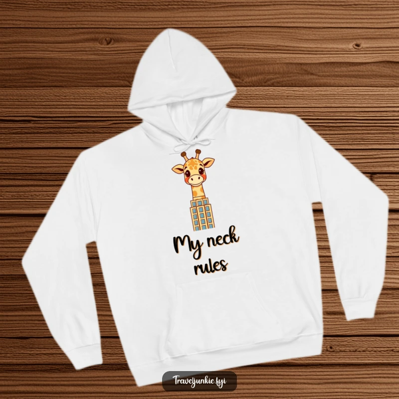 Funny giraffe hoodie featuring a cheerful character peering over a stylized skyscraper, designed for comfort and humorous urban flair.