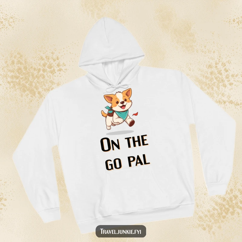 Funny energetic dog running with bandana and backpack, cozy hoodie, perfect funny gift for outdoor lovers.