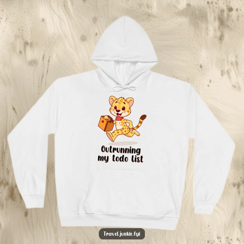 Funny cheetah hoodie, cozy apparel with a happy character sprinting with a travel bag, a great funny gift idea.