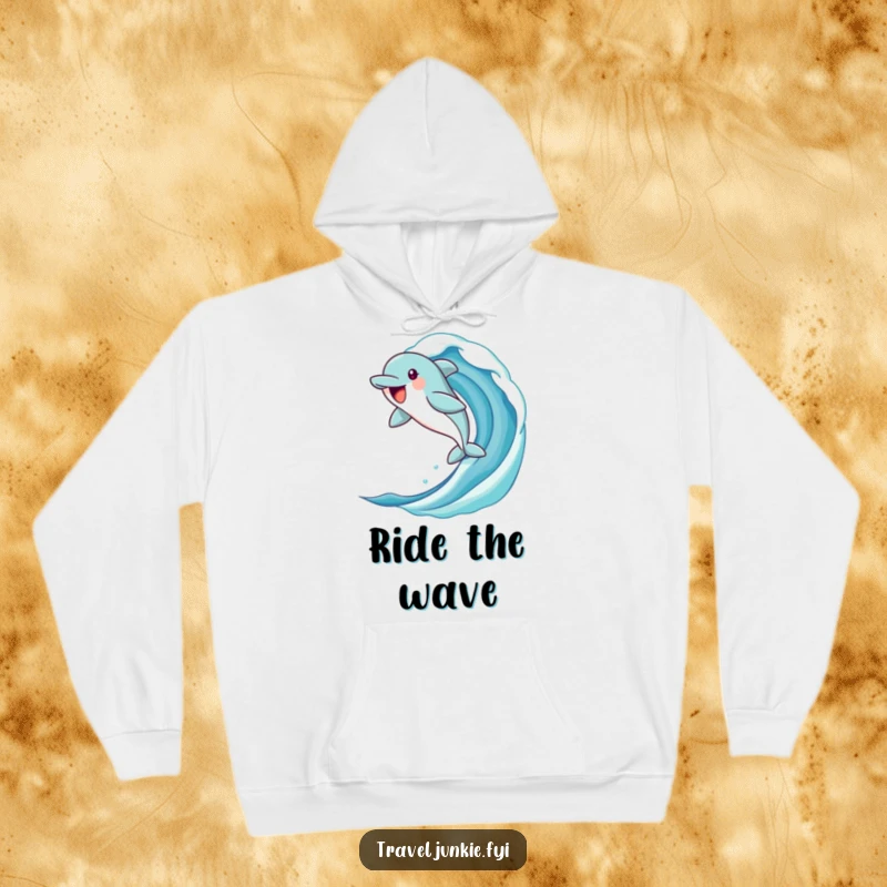 Funny dolphin hoodie featuring a jubilant character leaping from a stylized ocean wave, designed for comfort and humorous underwater vibes.