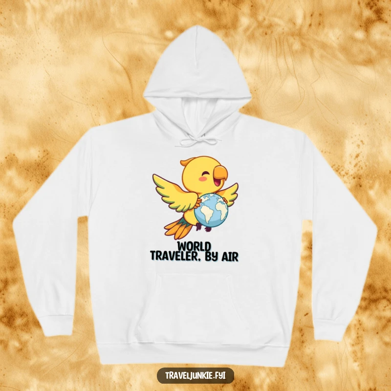 Funny parrot hoodie, cozy apparel with a joyful bird flying with a miniature globe, a great funny gift idea.