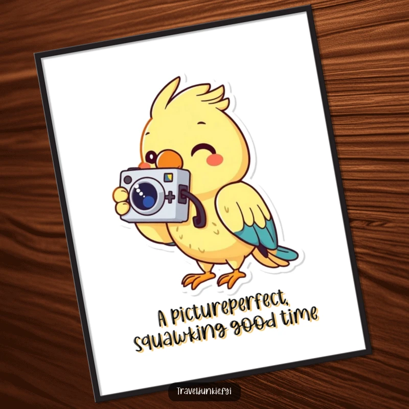 Funny Free Printable Wall Art depicting a cheerful parrot character holding a tiny camera and taking a photo.