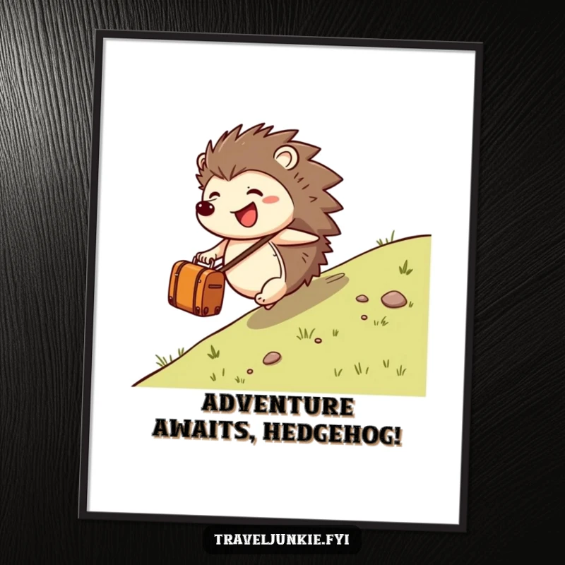 Funny Free Printable Wall Art: A delighted hedgehog rolls down a hill with a suitcase, embodying carefree travel and joy. Downloadable art.
