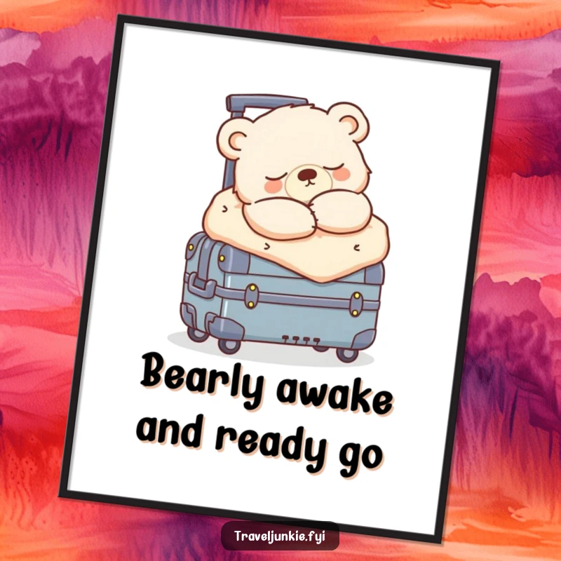 Funny Free Printable Wall Art: Sleepy bear cub bundled on a suitcase, cozy, humorous, downloadable decor for any room.