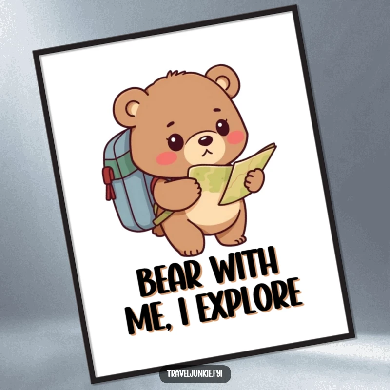 Funny Free Printable Wall Art: Determined bear wearing a backpack, intently studying a map, ready for an expedition.
