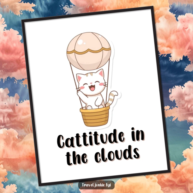 Funny Free Printable Wall Art: Joyful cat riding serenely in a miniature hot air balloon, floating against a sky.